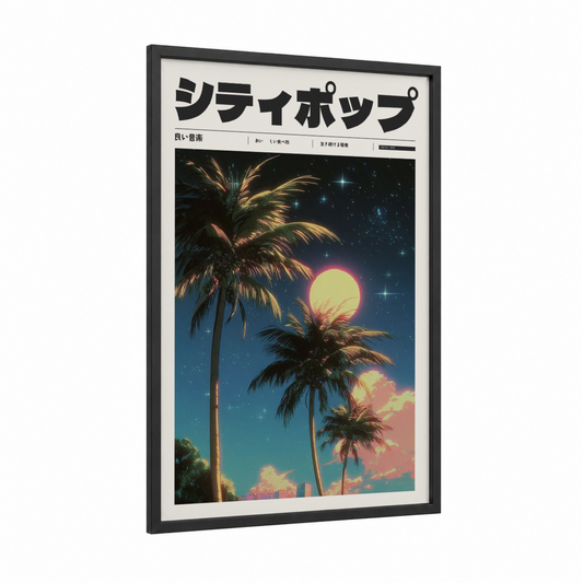 Neon Palm Sunset framed anime and manga print — black wood frame — magenta and turquoise palette