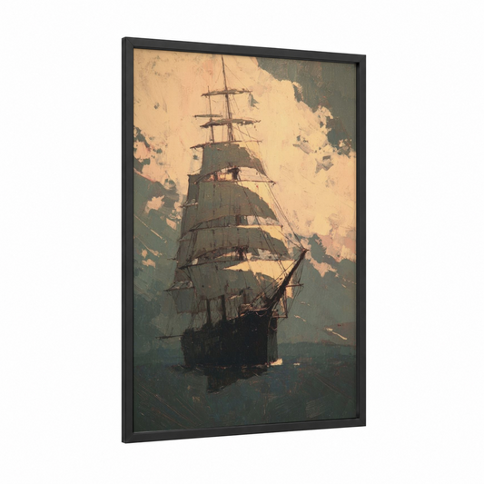 Golden Hour Sailing framed sailing ship print — black wood frame — gold and teal palette