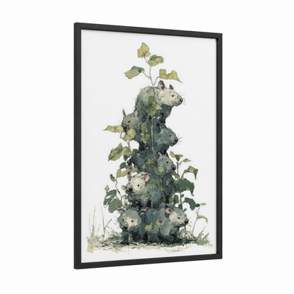Growing Wombats framed art print — black wood frame — light green and gray palette