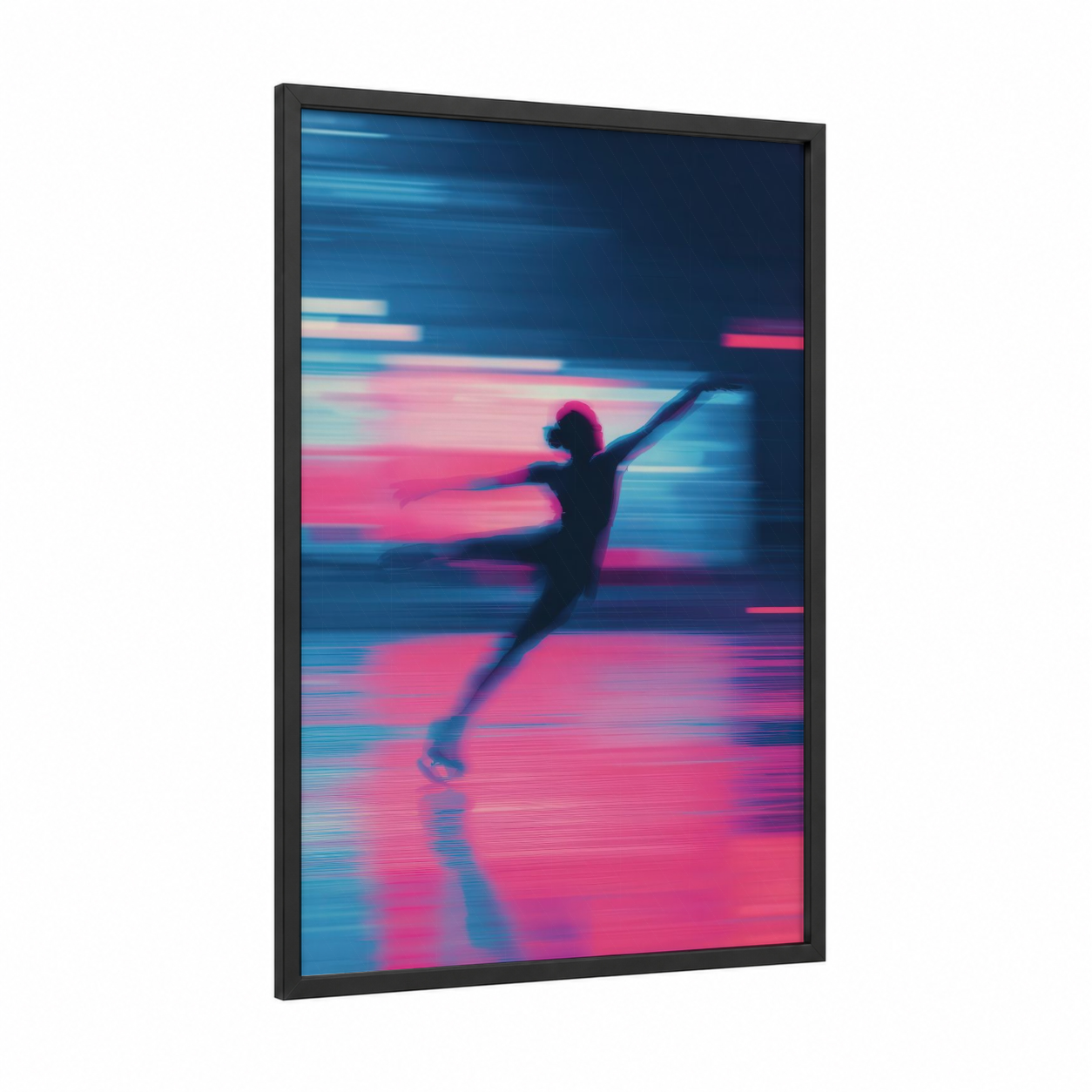Neon Ice Skater framed ice skating print — black wood frame — magenta and blue palette