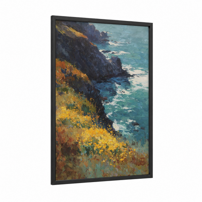 Golden Cliff Edge framed art print — black wood frame — teal and gold palette