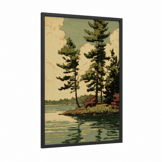 Lakeside Pines framed art print — black wood frame — cream and sage green palette