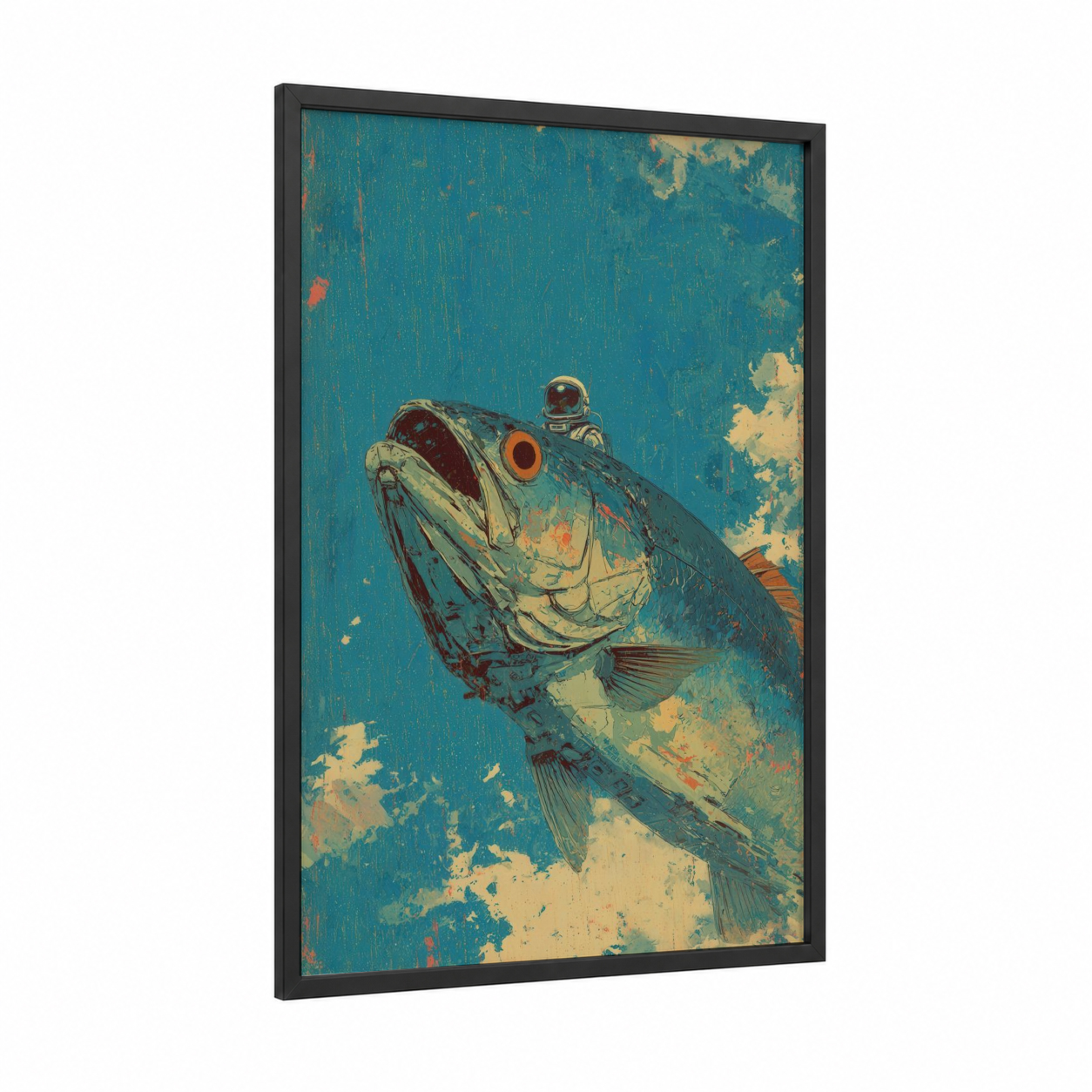 Astronaut Tarpon framed art print — black wood frame — teal and gold palette