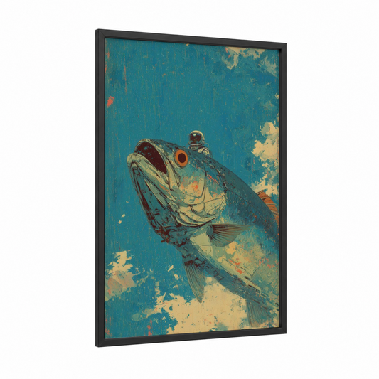 Astronaut Tarpon framed art print — black wood frame — teal and gold palette