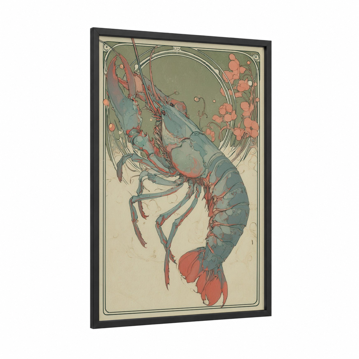 Coral Lobster framed art print — black wood frame — sage green and salmon pink palette