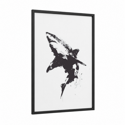 Rising Blue Shark framed art print — black wood frame — black and white palette