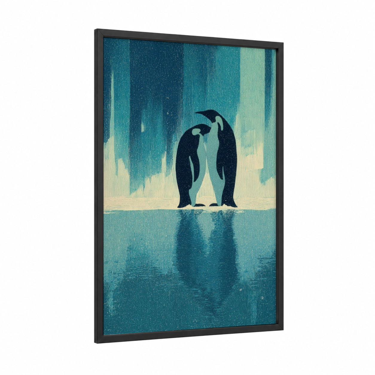 Penguin Partners framed animals in love print — black wood frame — teal and cream palette