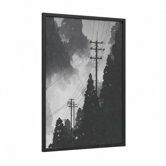Cypress Power Lines framed art print — black wood frame — black and white and gray palette