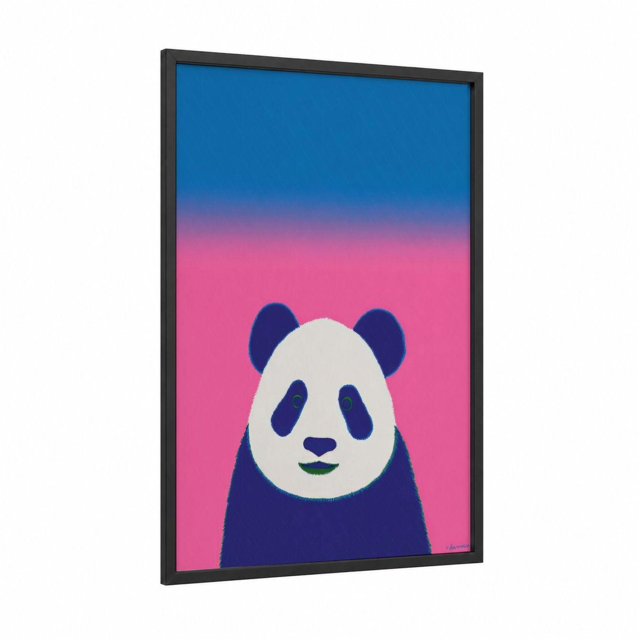 Smiling Panda framed art print — black wood frame — blue and black and white palette