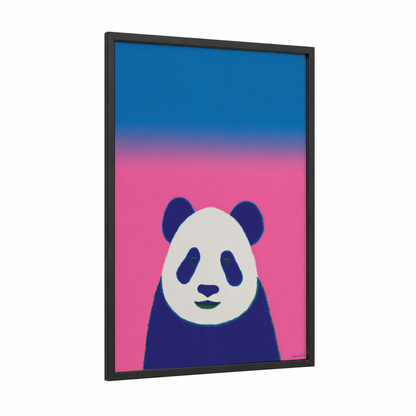 Smiling Panda framed art print — black wood frame — blue and black and white palette