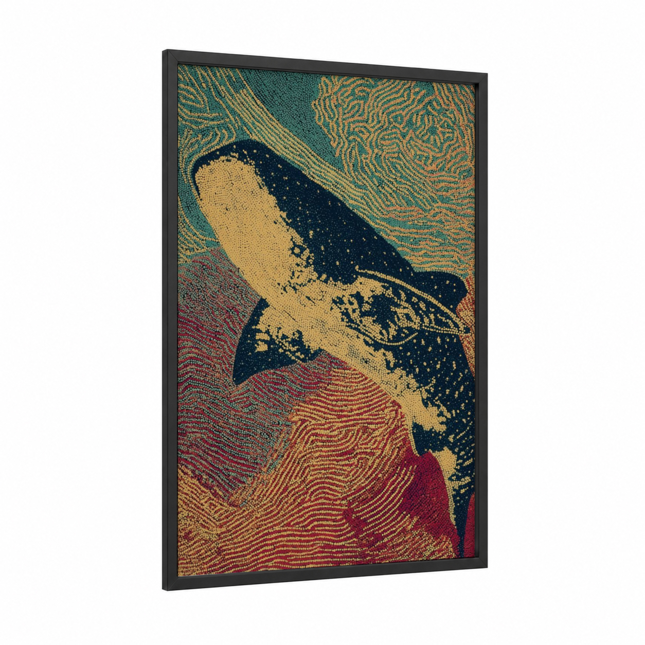 Indigo Whale Shark framed art print — black wood frame — dark blue and gold palette