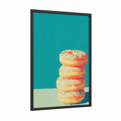 Colorful Donut Stack framed fast food print — black wood frame — turquoise and pink palette