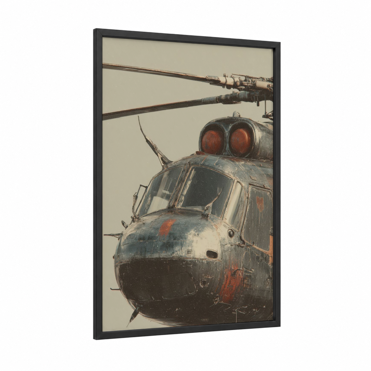 Weathered Helicopter framed art print — black wood frame — gray and russet palette