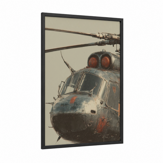 Weathered Helicopter framed art print — black wood frame — gray and russet palette