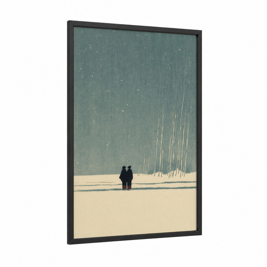 Snowy Couple framed art print — black wood frame — blue and white and gray and white palette
