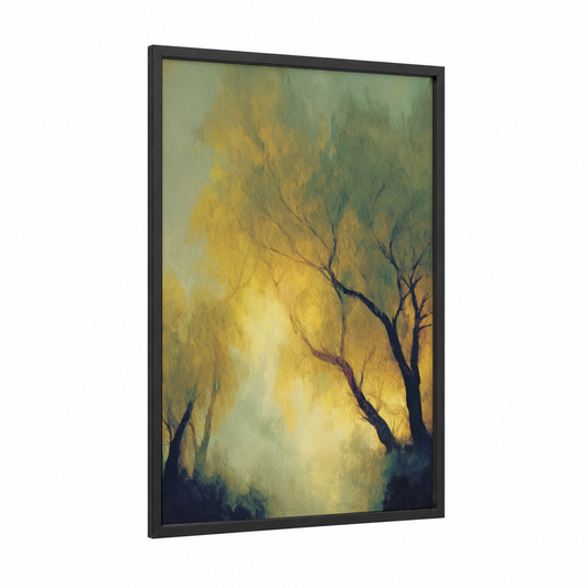 Golden Willow Dawn framed willow forest print — black wood frame — gold and green palette