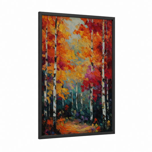Autumn Birch Forest framed art print — black wood frame — orange and gold palette