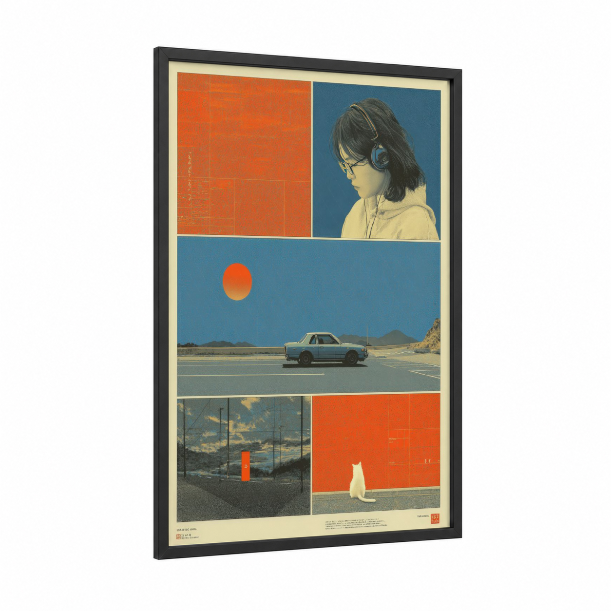 Retro Y2K Vibes framed japanese y2k print — black wood frame — orange and blue palette