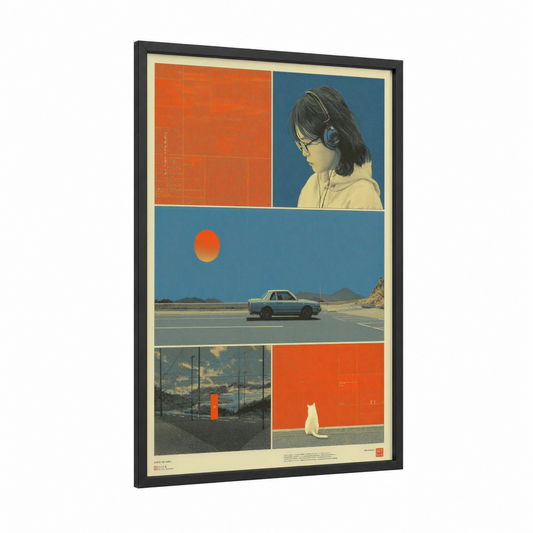 Retro Y2K Vibes framed japanese y2k print — black wood frame — orange and blue palette