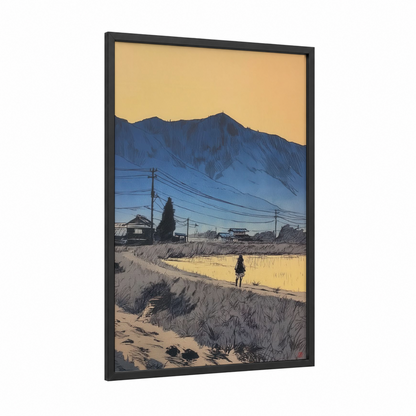 Mountain Solitude framed various landscapes print — black wood frame — blue and gold palette
