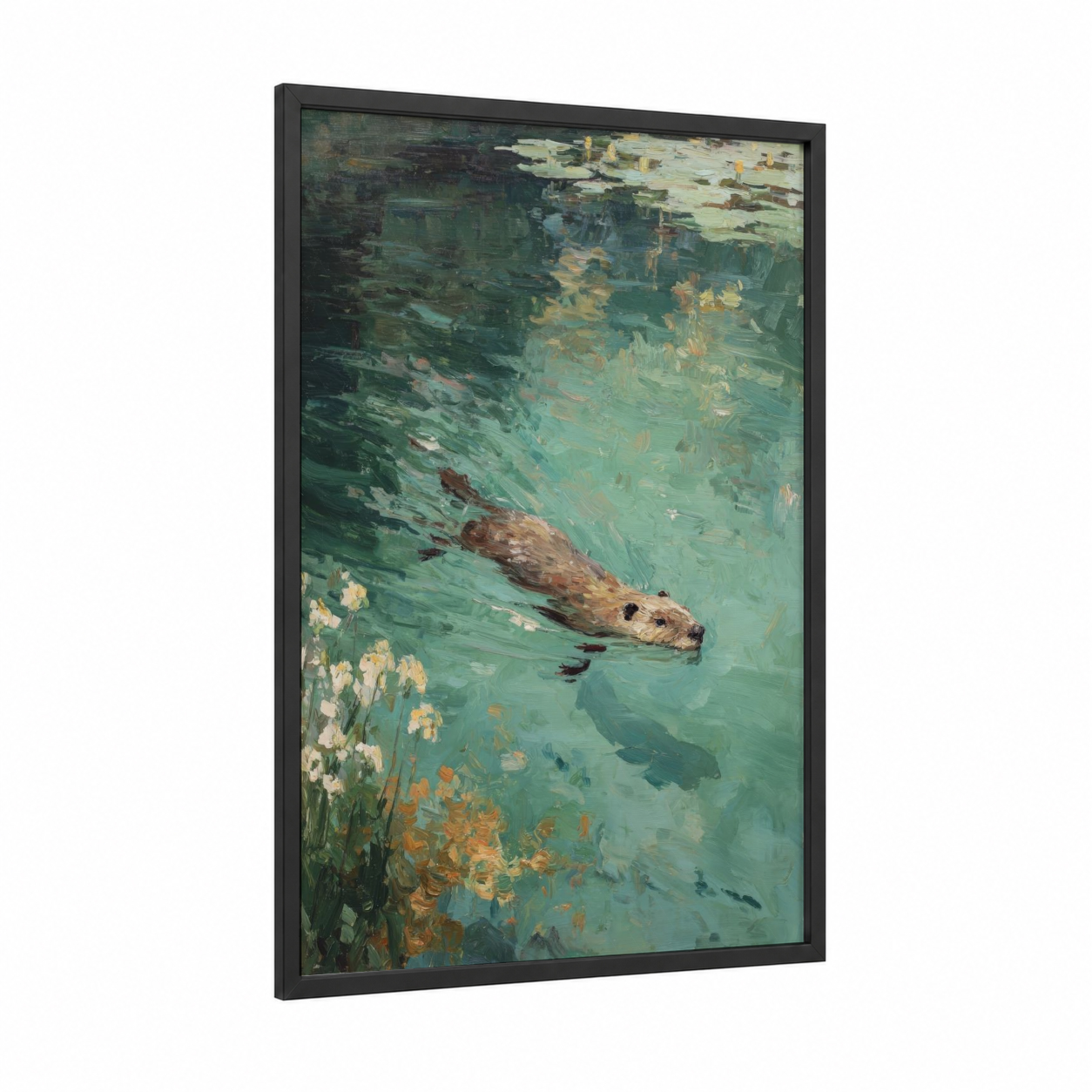Swimming Beaver framed art print — black wood frame — teal and gold palette