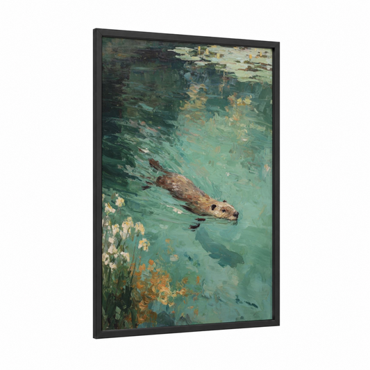 Swimming Beaver framed art print — black wood frame — teal and gold palette