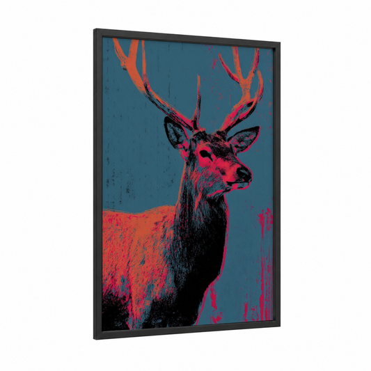 Neon Elk Portrait framed art print — black wood frame — royal blue and magenta palette