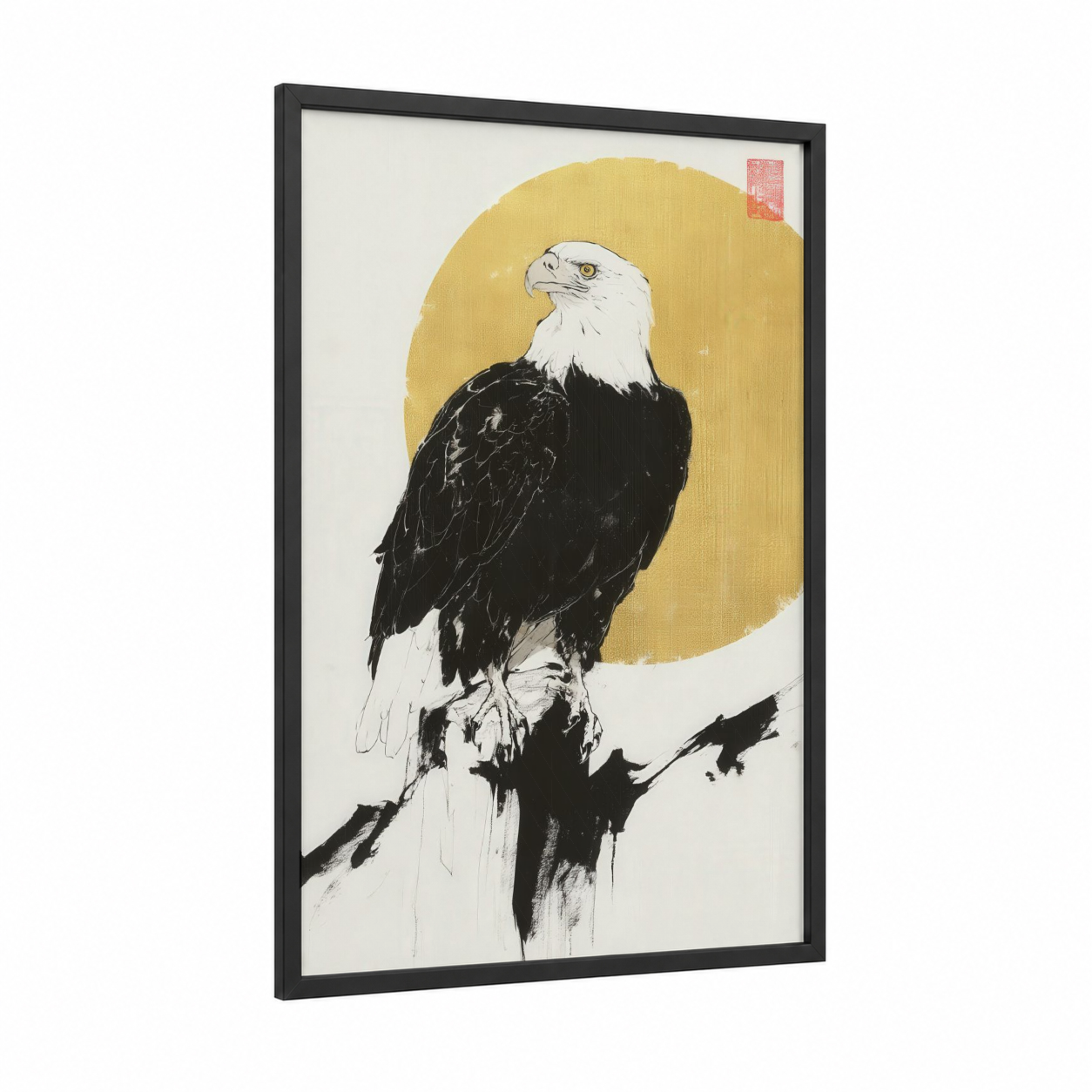 Golden Eagle Portrait framed art print — black wood frame — yellow gold and black and white palette