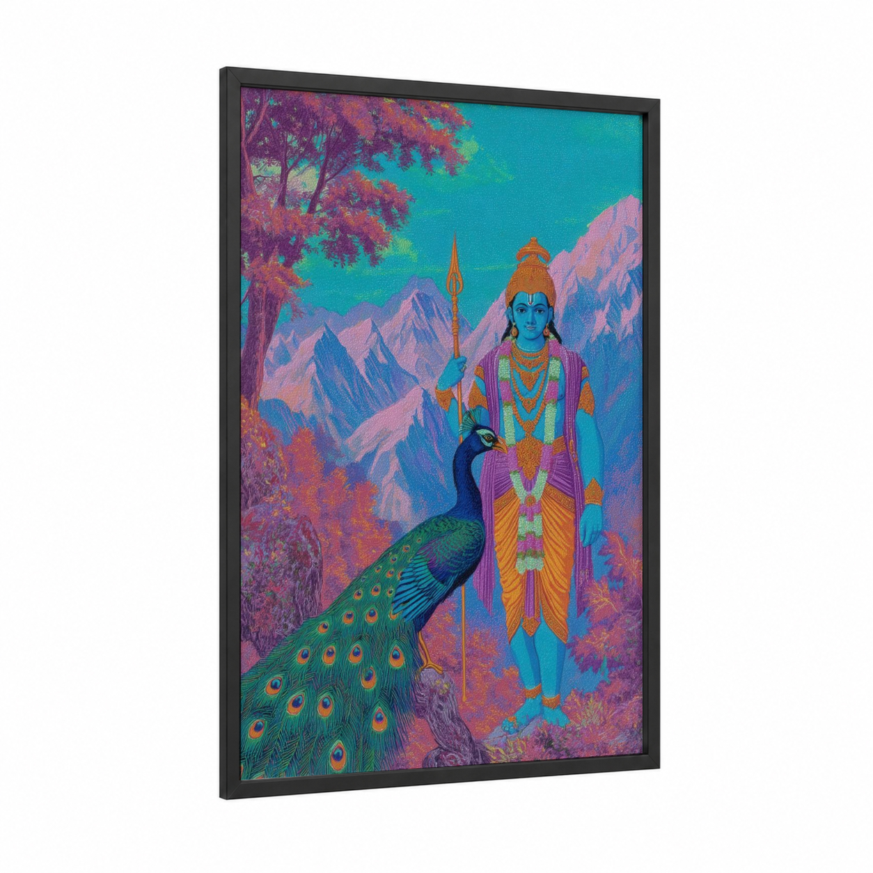 Divine Peacock framed hinduism print — black wood frame — magenta and turquoise palette