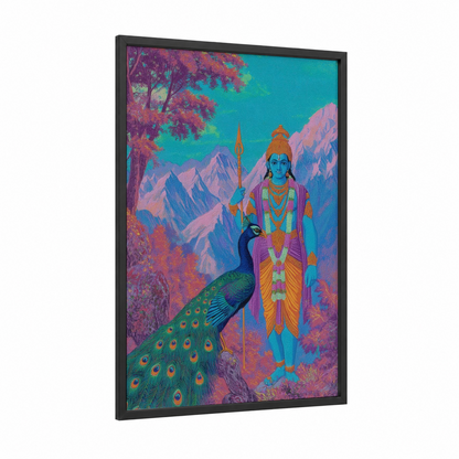 Divine Peacock framed hinduism print — black wood frame — magenta and turquoise palette