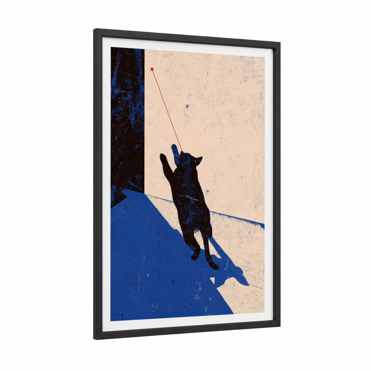 Playful Blue Cat framed art print — black wood frame — blue and cream palette