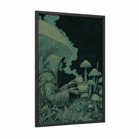 Enchanted Mushroom Garden framed magic and witchcraft print — black wood frame — dark green and sage green palette