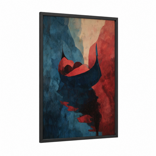 Crimson Gondola framed art print — black wood frame — red and black and gold palette