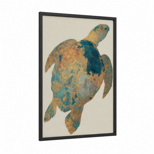 Ornate Sea Turtle framed art print — black wood frame — gold and teal palette