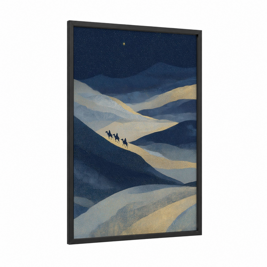Desert Epiphany framed art print — black wood frame — dark blue and gold and white palette
