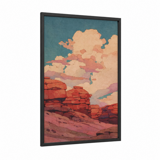 Crimson Dune Landscape framed art print — black wood frame — russet and bermuda gray palette