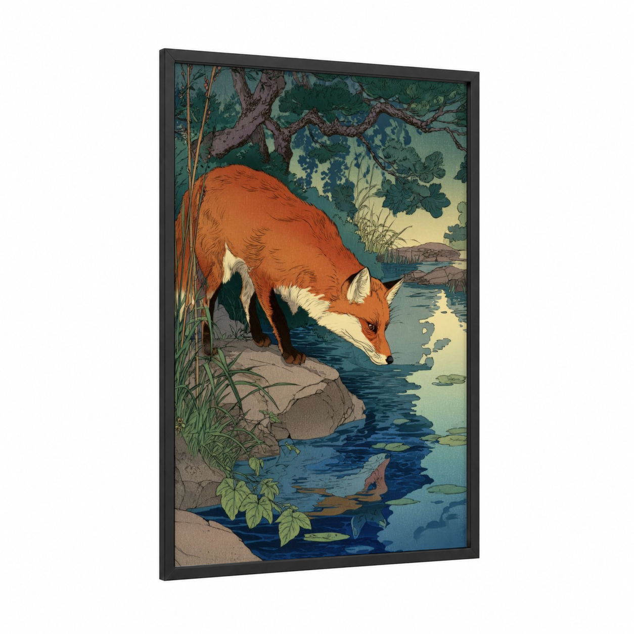 Waterside Fox Drinking framed art print — black wood frame — russet and teal palette