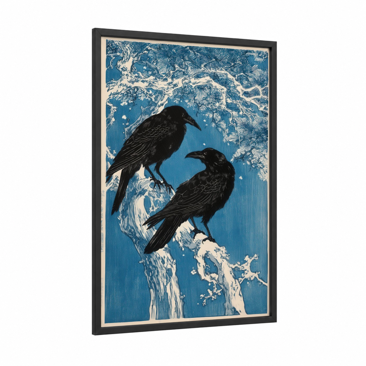 Winter Crows framed crows and ravens print — black wood frame — blue and black and white palette