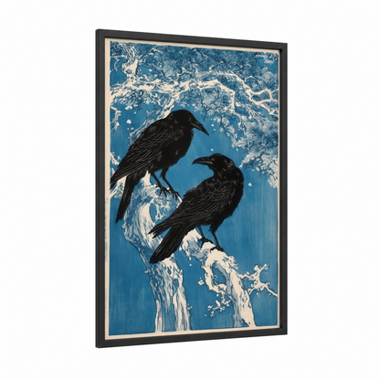 Winter Crows framed crows and ravens print — black wood frame — blue and black and white palette