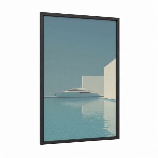 Minimalist Yacht framed yacth print — black wood frame — turquoise and cream palette