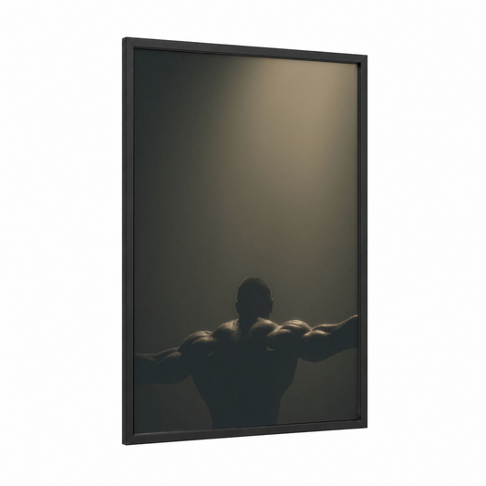 Golden Strength framed bodybuilding print — black wood frame — gold and black palette