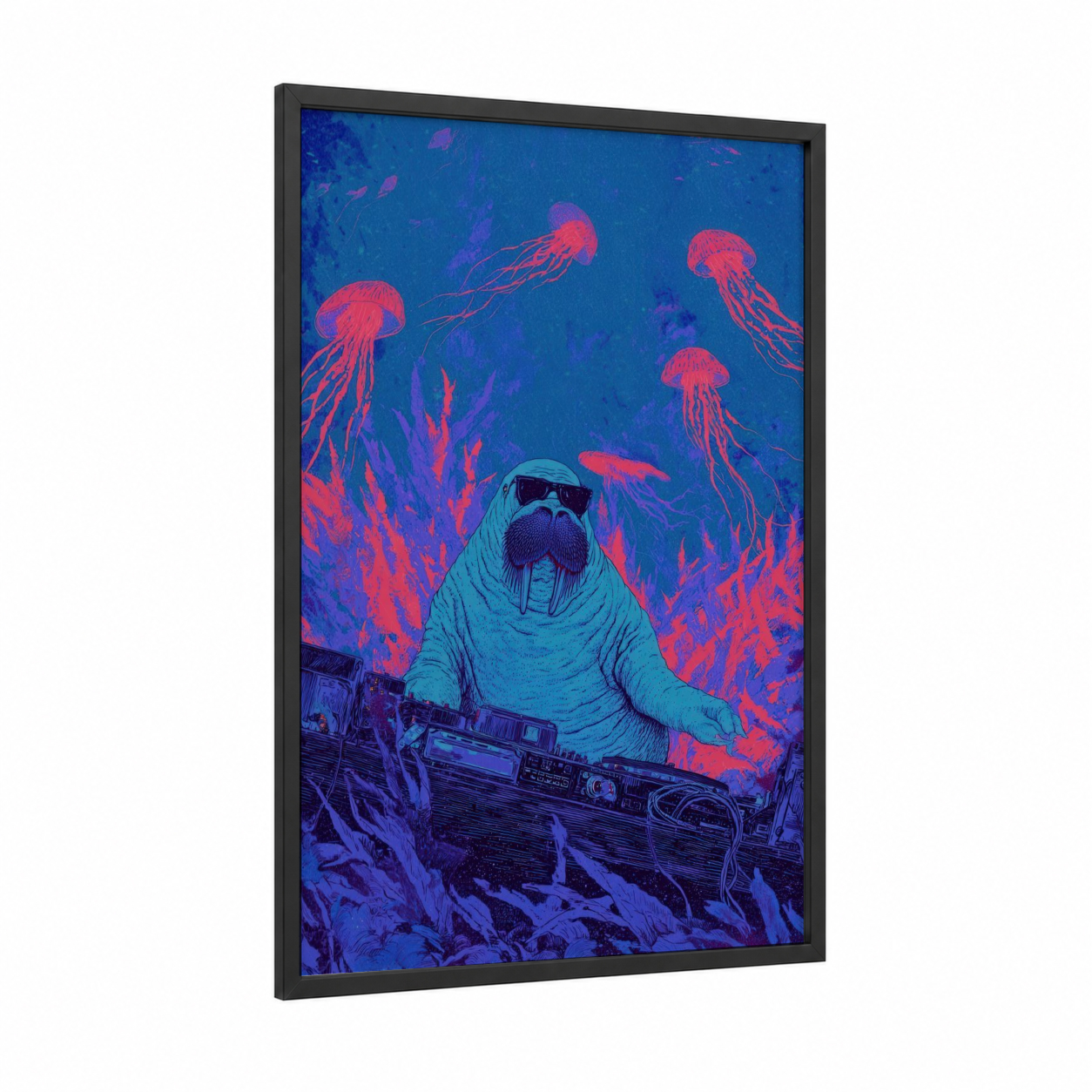 Neon Walrus framed art print — black wood frame — blue and magenta palette