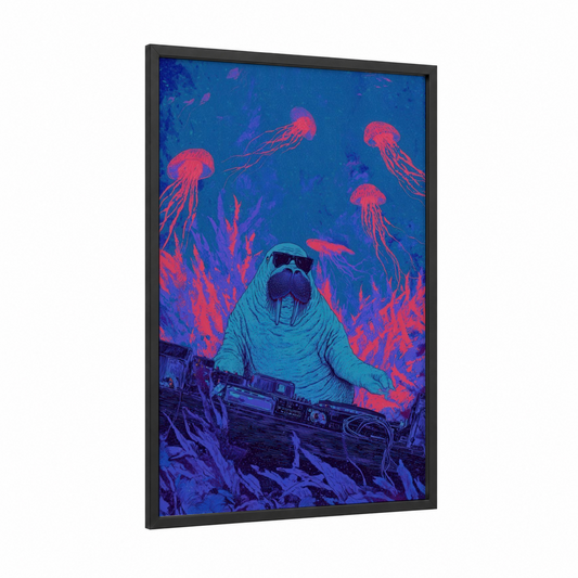 Neon Walrus framed art print — black wood frame — blue and magenta palette