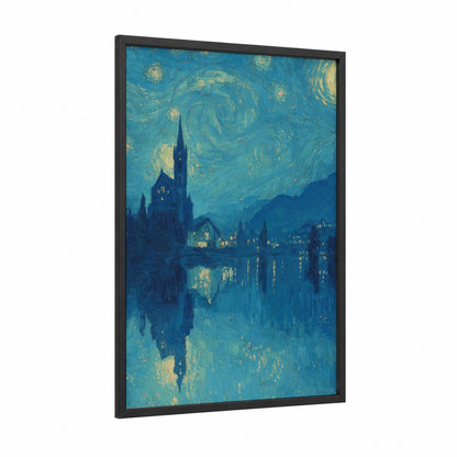 Starry Night Chapel framed churches and chapels print — black wood frame — blue and gold palette