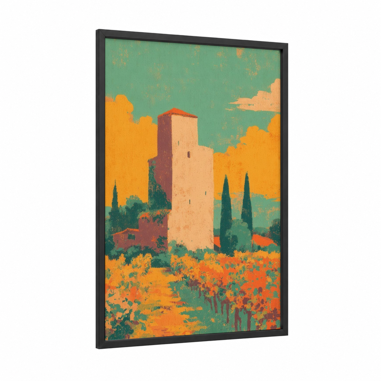 Tuscan Tower Landscape framed towers print — black wood frame — gold and teal palette