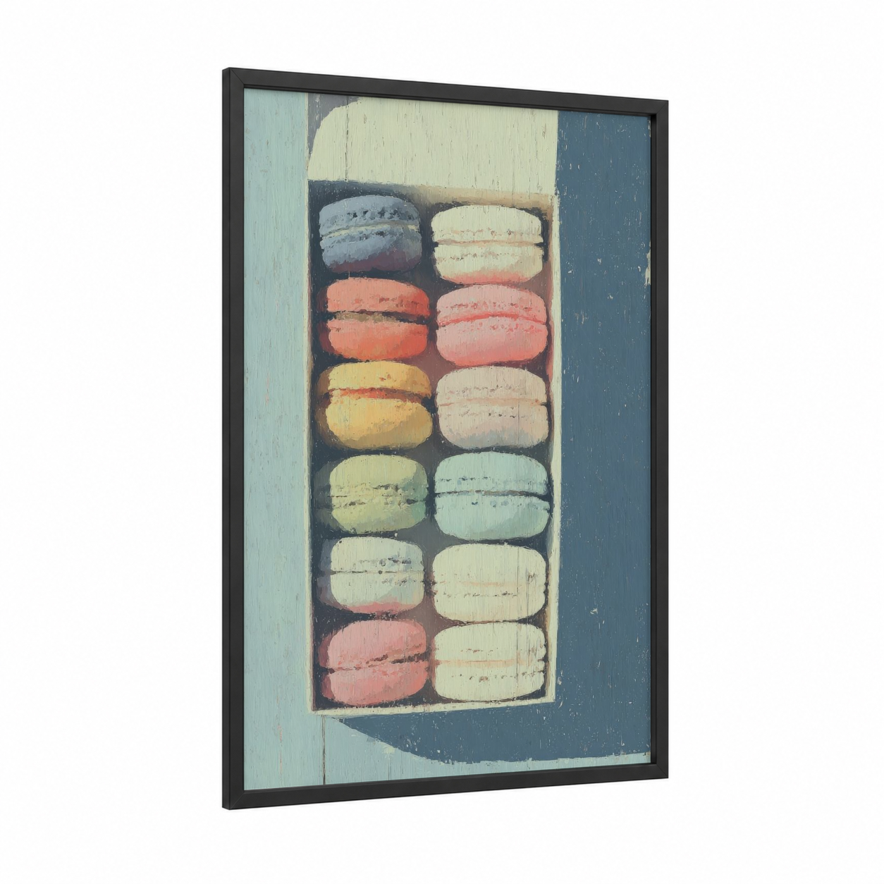 Pastel Macarons framed fast food print — black wood frame — cream and peach palette