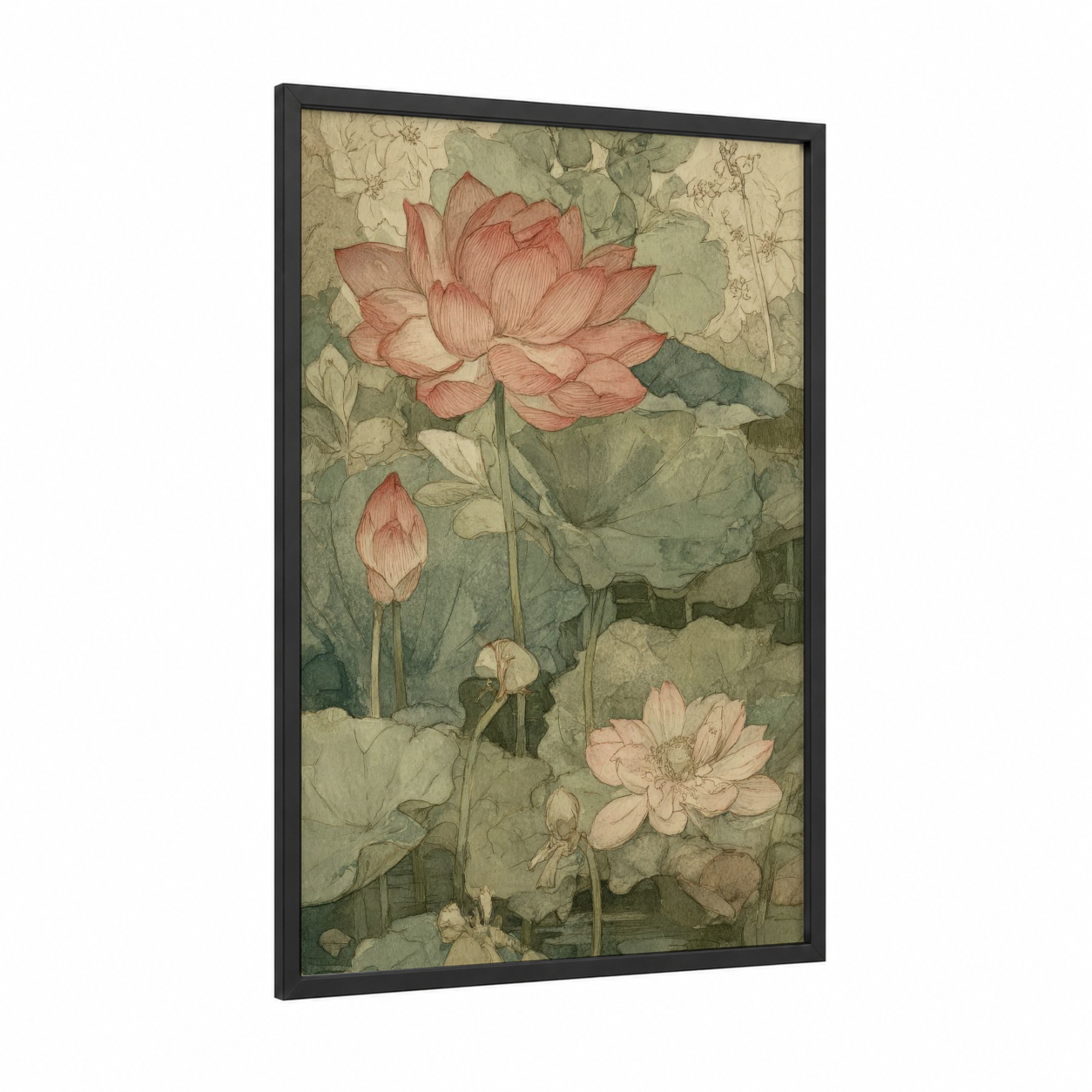 Coral Lotus Pond framed art print — black wood frame — salmon pink and sage green palette