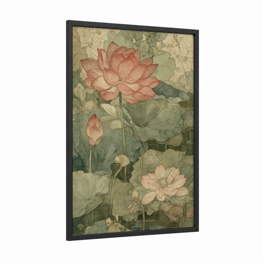 Coral Lotus Pond framed art print — black wood frame — salmon pink and sage green palette