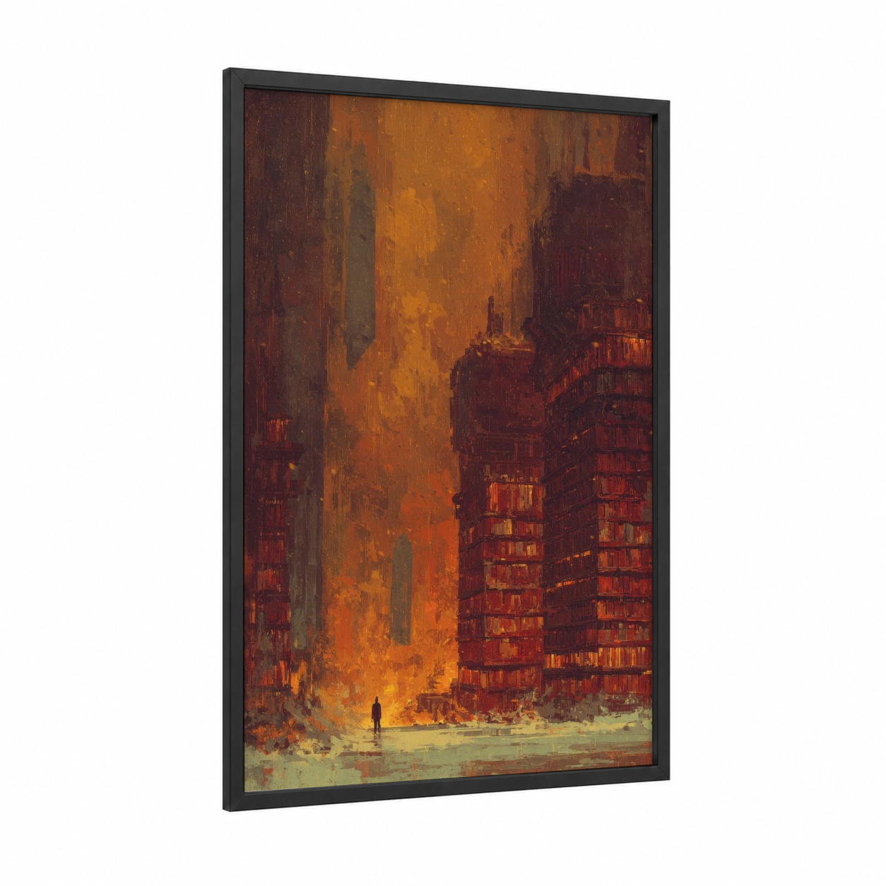 Burning Metropolis framed sci-fi print — black wood frame — orange and maroon palette