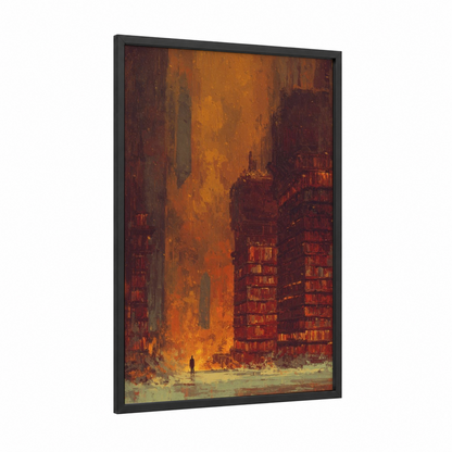 Burning Metropolis framed sci-fi print — black wood frame — orange and maroon palette